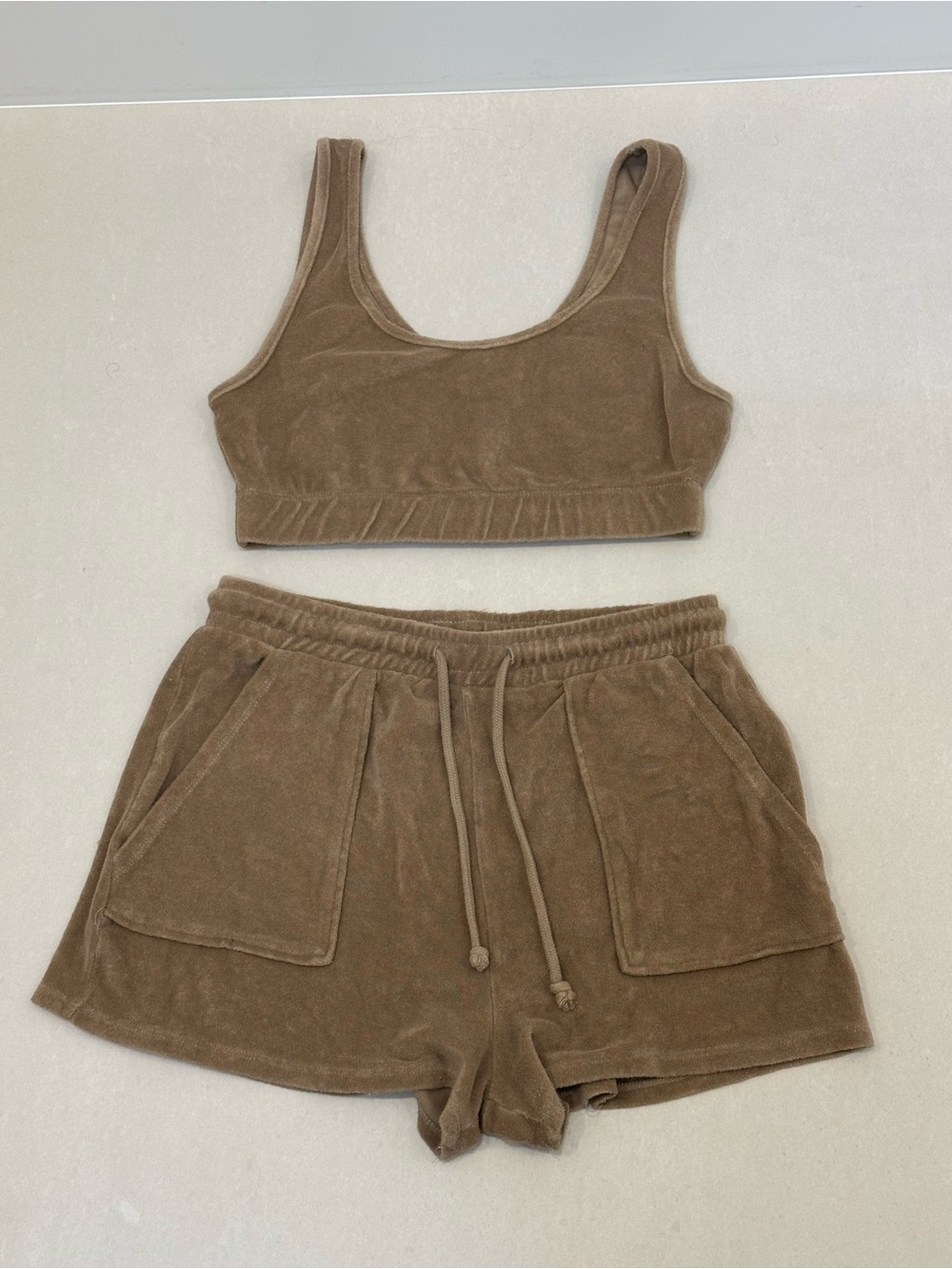 Zara Terry Cloth Too and Drawstring Shorts in Beige - Size L